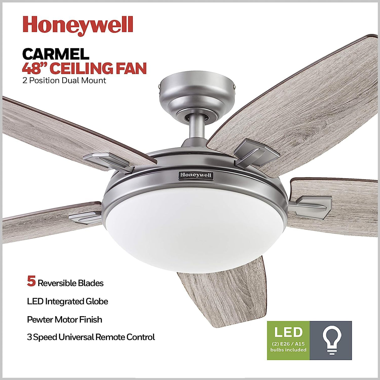 Honeywell Ceiling Fans Carmel Modern 48 Inch Ceiling Fan with Light, Remote Control Fan, LED Indoor Fan with 5 Blades, Gray Oak and Brown Chestnut Blade Finish Options, Silver (51627-01) Honeywell