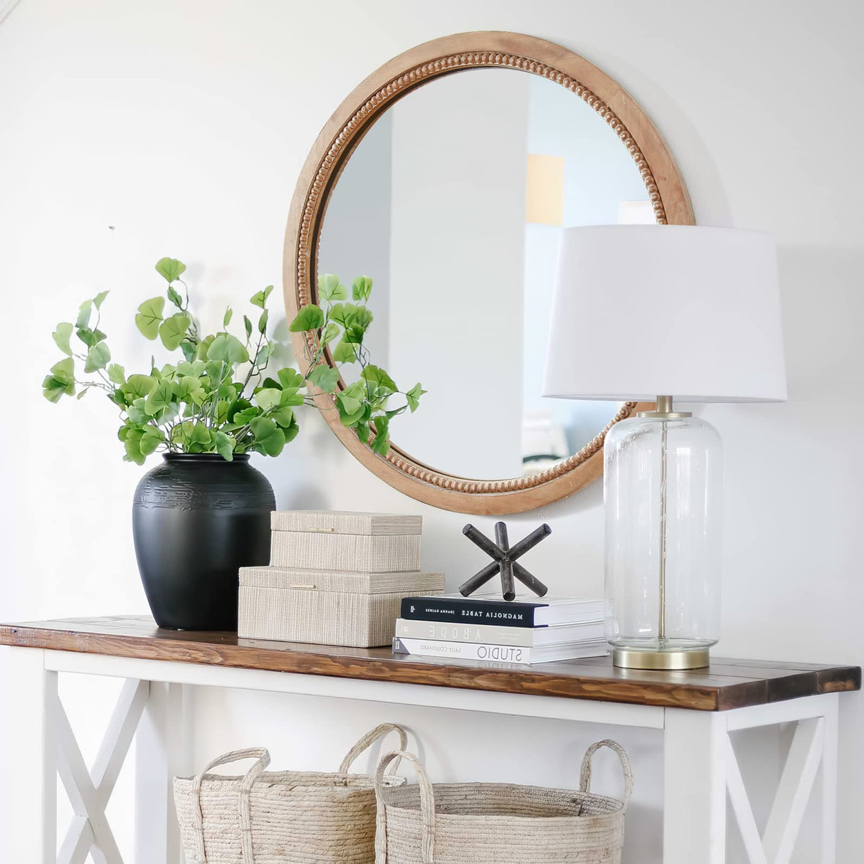 Sawsile Round Decorative Circle Farmhouse Style Mirror - 24inch Rustic Natural Wooden Frame Beads for Bedroom, Bathroom, Living Room or Entryway sawsile