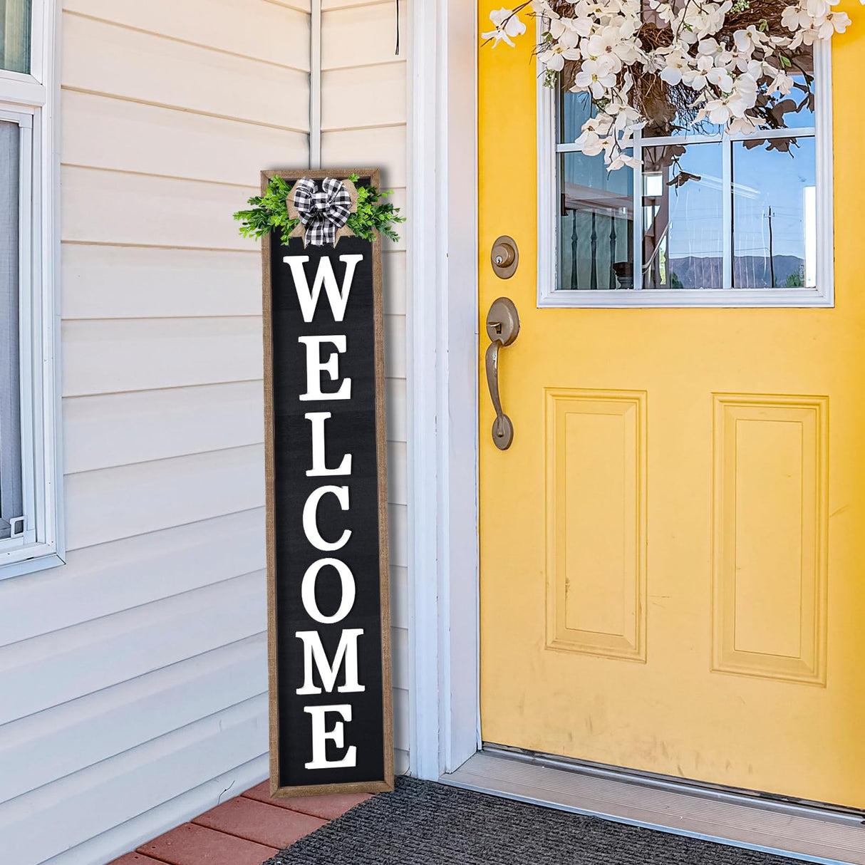 3D Outdoor Welcome Sign for Front Porch Standing 45"X9" Large Rustic Farmhouse Leaner Tall Vertical Soild Wooden Framed Plaque Modren Beautiful Outside Home Front Door Decorations (Wood Black) Foutcheou