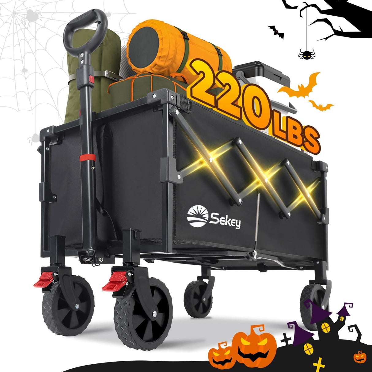 Sekey Collapsible Wagon Cart Foldable with 220LBS Weight Capacity, Lightweight Portable Folding Grocery Shopping Cart with Wheels for Camping Sports Beach and Shopping.Black Sekey