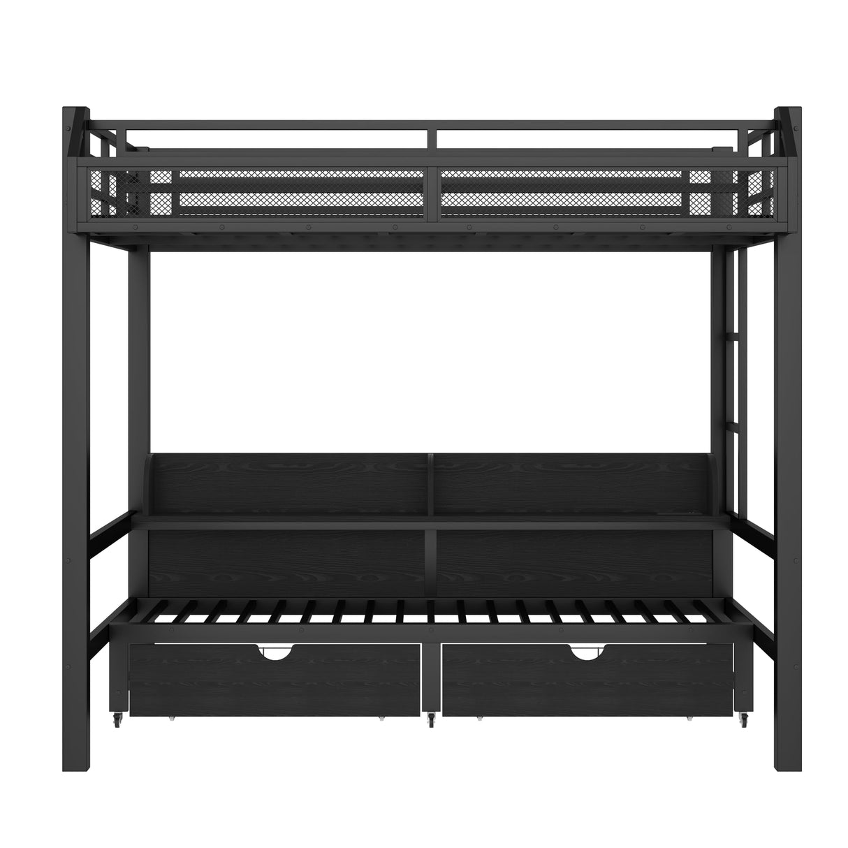 Full over Full Bunk Bed with Storage Drawers and Shelves, Metal Bunk Beds with USB Ports and LED Lights, Lower Bed that can be converted into a sofa for Bed Room,Guest Room,Dormitory.(Black) Harper & Bright Designs