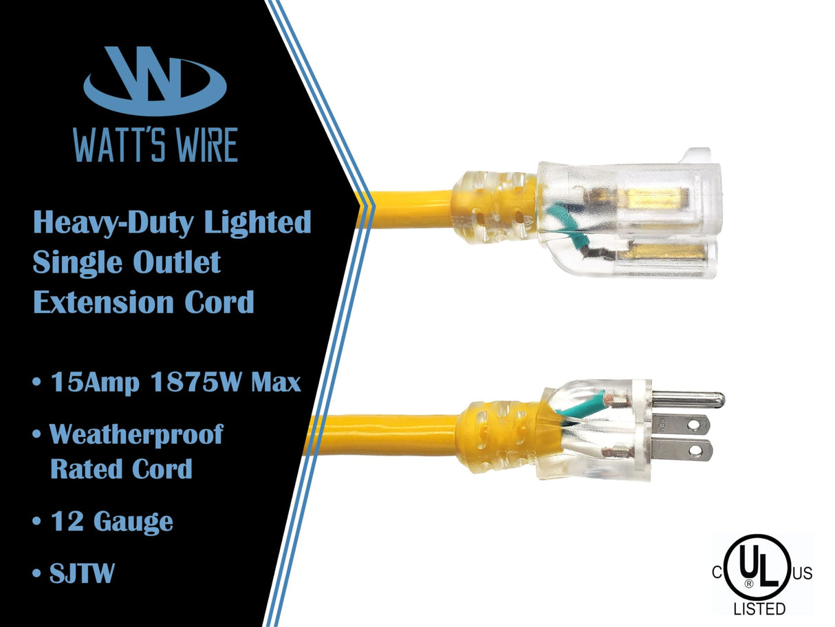 10 ft - 12 Gauge Heavy Duty Extension Cord - Lighted SJTW - Indoor/Outdoor Extension Cord by Watt's Wire - 10' 12-Gauge Grounded 15 Amp Extension Cord Splitter Watt's Wire