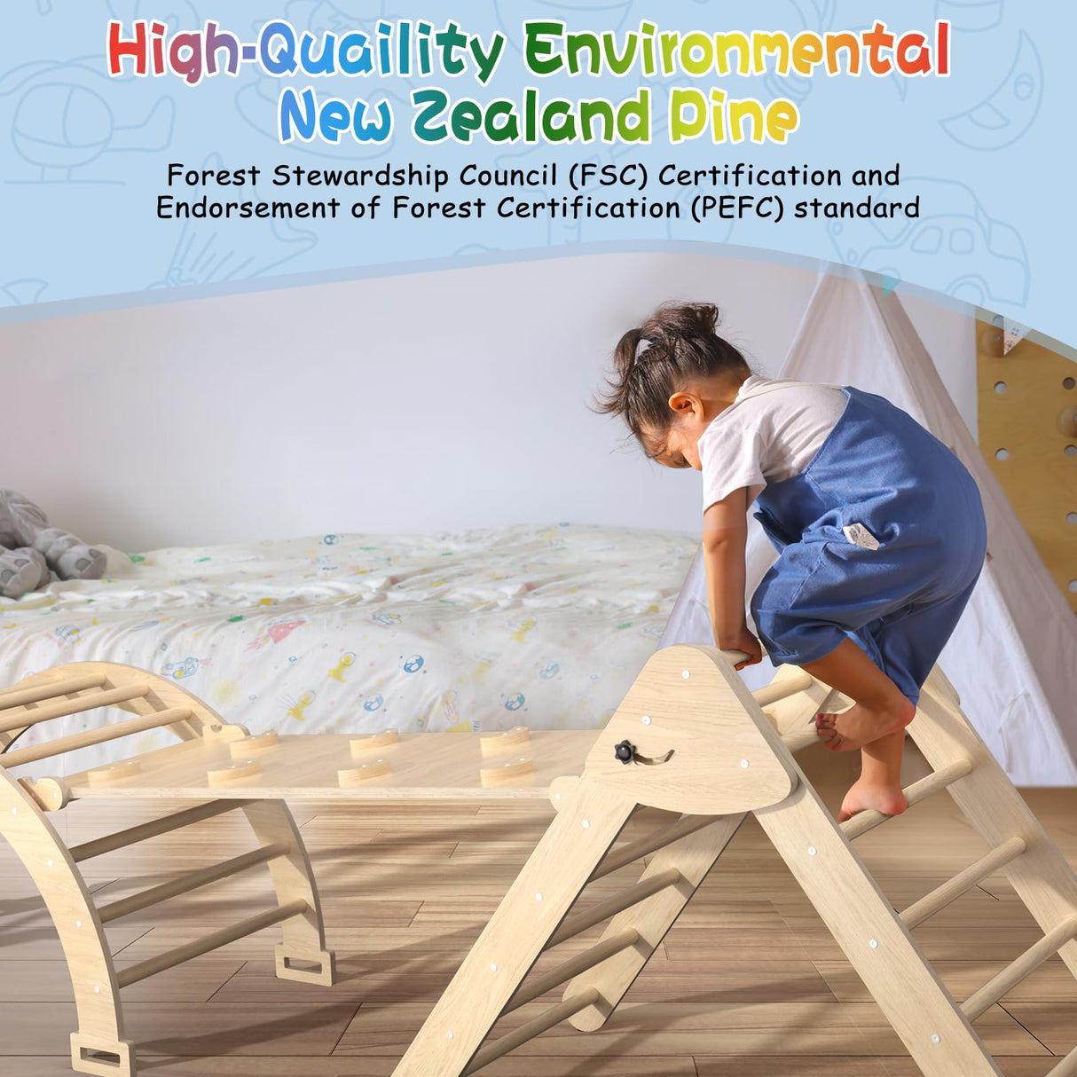 CMFYDAILY Large Pikler Triangle Set, 5 in 1 Foldable Baby Climbing Gym Indoor Montessori Climbing Set Wooden Toddler Climbing Toys with Arch, Ramp, Ladder CMFYDAILY