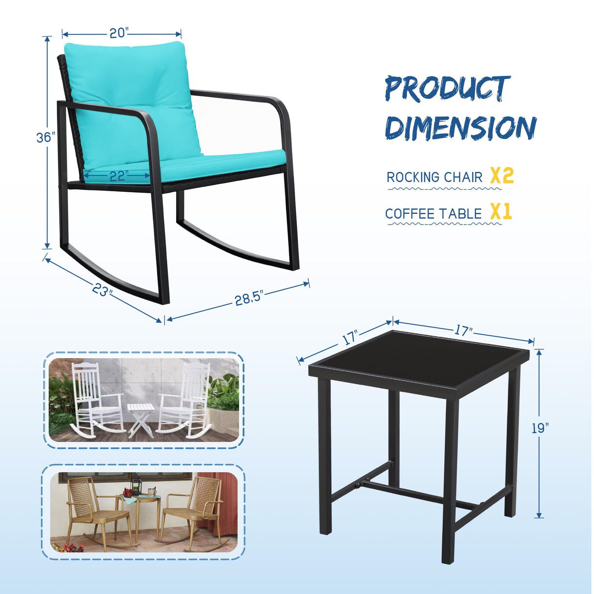 Greesum 3 Pieces Rocking Rattan Wicker Bistro, Patio Furniture Set with Soft Cushion and Glass Coffee Table, Design for Poolside Yard Garden, Blue Greesum