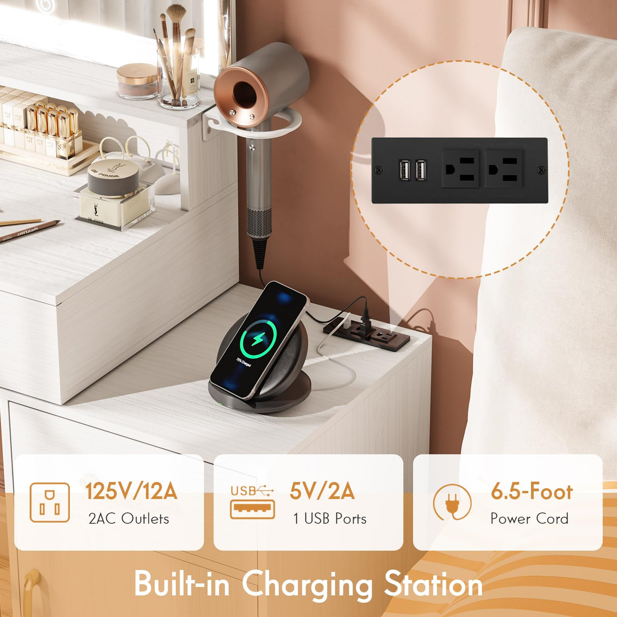 REVOMINCA Vanity Desk with Mirror and Lights, Modern Makeup Vanity with Charging Station, White & Gold Vanity Table with 3 Drawers & Cabinet, 3 Lighting Modes Brightness Adjustable, Bedroom REVOMINCA