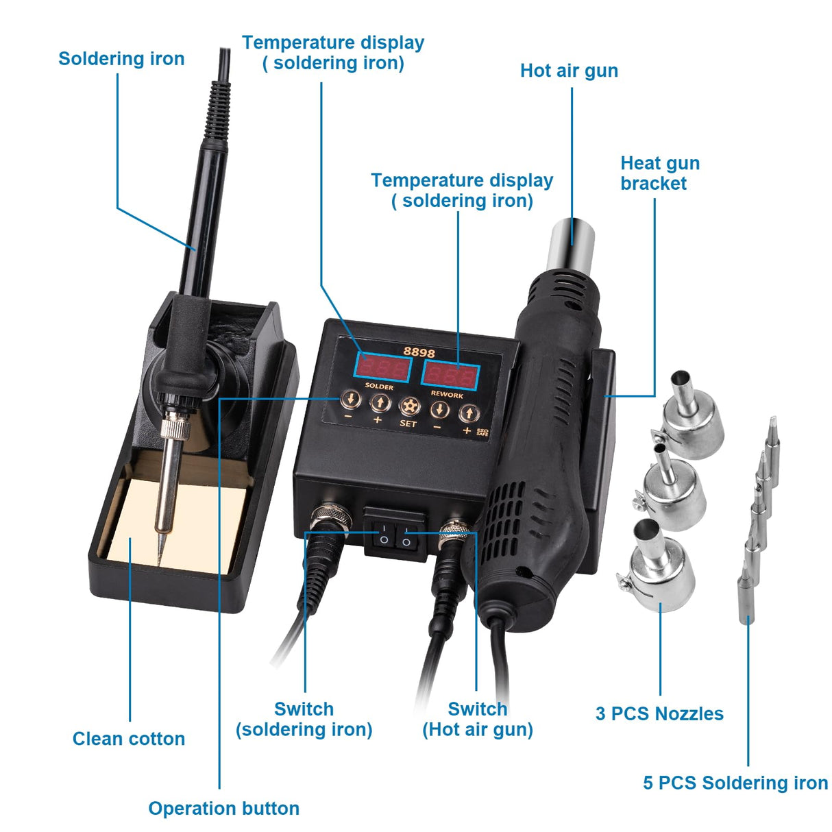 Defabee 14pcs Soldering Station, 2 in 1 Hot Air Functions Digital Display Soldering Iron Soldering Kit, 8898 Portable SMD Rework Station, ºC/ºF Cool/Hot Air Conversion and Auto Sleep Defabee