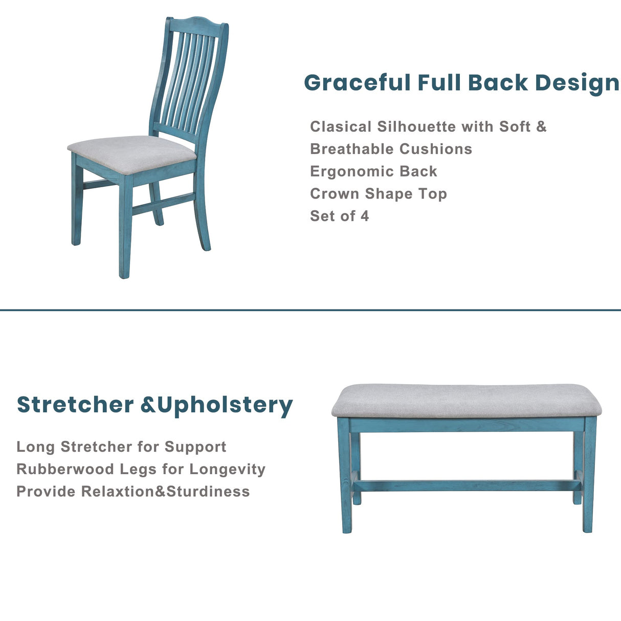 LUMISOL 6-Piece Wooden Dining Set, Farmhouse Kitchen Table Set with 4 Upholstered Chairs, Bench and Storage Drawers for Kitchen, Dining Room, Living Room, Antique Blue LUMISOL