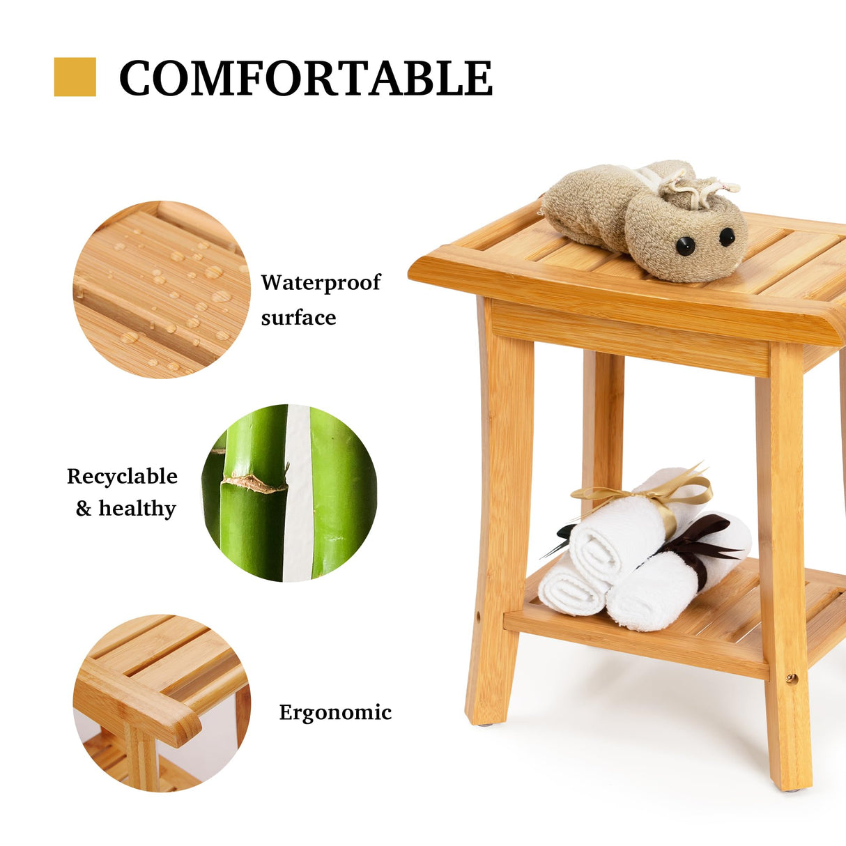 Unibambou Bamboo Shower Bench Inside Shower Stool with Storage Shelf, Spa Bath Chair for Bathroom, Seat or Organizer for Living Room, Bedroom and Garden - Great for All Ages Elderly (Small, Natural) Unibambou