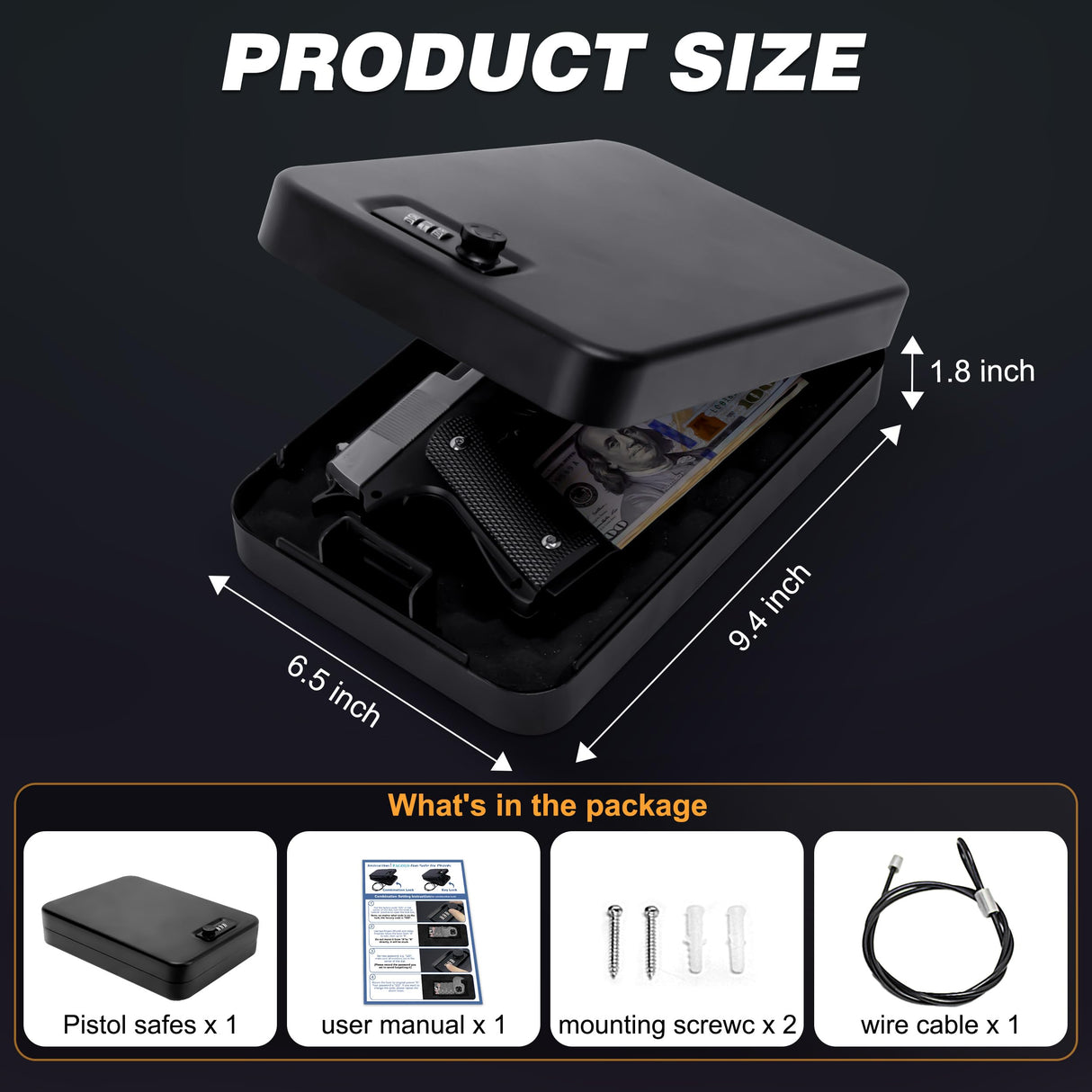 Portable Gun Safe for Pistols, Small Handgun Lock Box with Combination Lock or Key Lock, Portable Travel Pistol Safe for Travel, Home, Car (Large-com) PACOLO