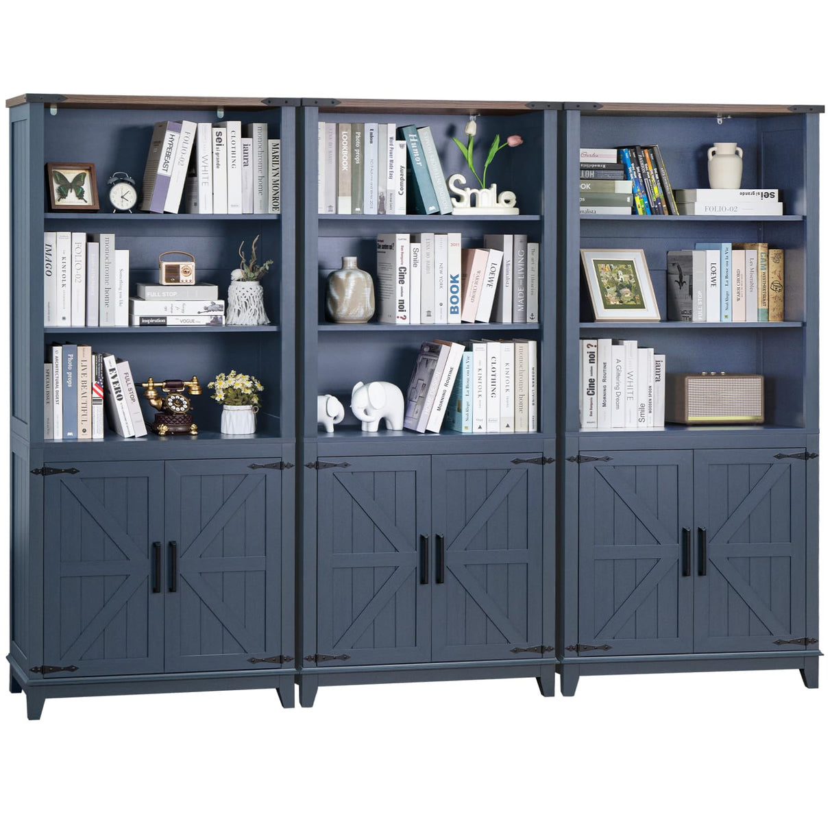 Joaxswe 70in Tall Bookshelf 5 Tier Bookcase with Barn Doors and Adjustable Shelves, Blue Farmhouse Book Shelf with Storage Cabinet, Wood Freestanding Display Bookshelves for Bedroom, Kitchen (3PCS) Joaxswe