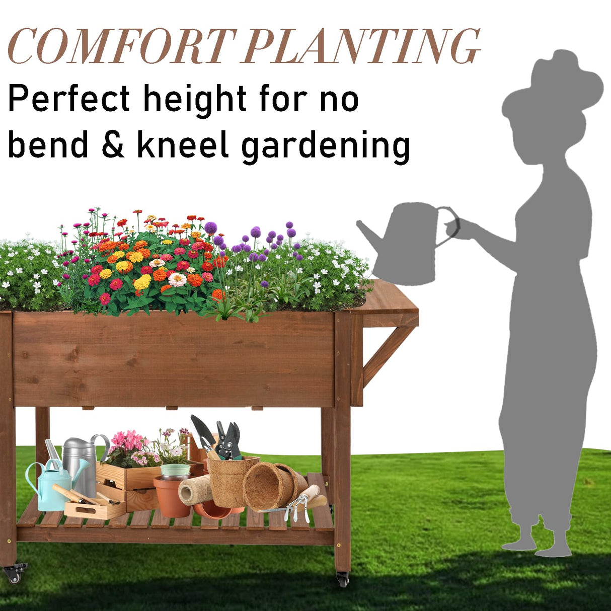 ketive Raised Garden Bed 55.5x24x32-inch Mobile Elevated Wood Planter with Lockable Wheels, Storage Shelf, Protective Liner ïŒBrownïŒ ketive