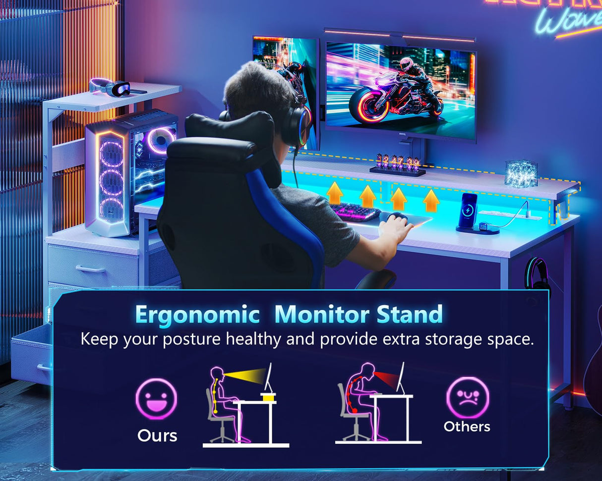 Casaottima 59 Inch Gaming Desk with USB Charging Ports & LED Light - Reversible Computer Desk with 3 Fabric Drawers, Monitor Stand, CPU Stand, and Side Hook, Modern Office Desk, White Casaottima