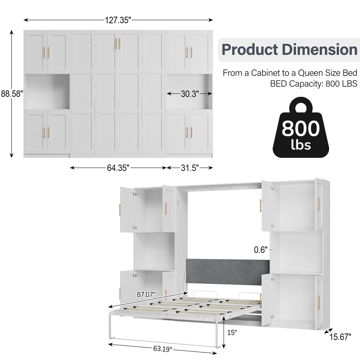 Mekminop Modern Queen Murphy Bed with Storage Cabinet and Open Shelves, Hidden Foldable Wall Cabinet Bed Frame with Wood Slat, Space-Saving, No Spring Box Required, White Mekminop