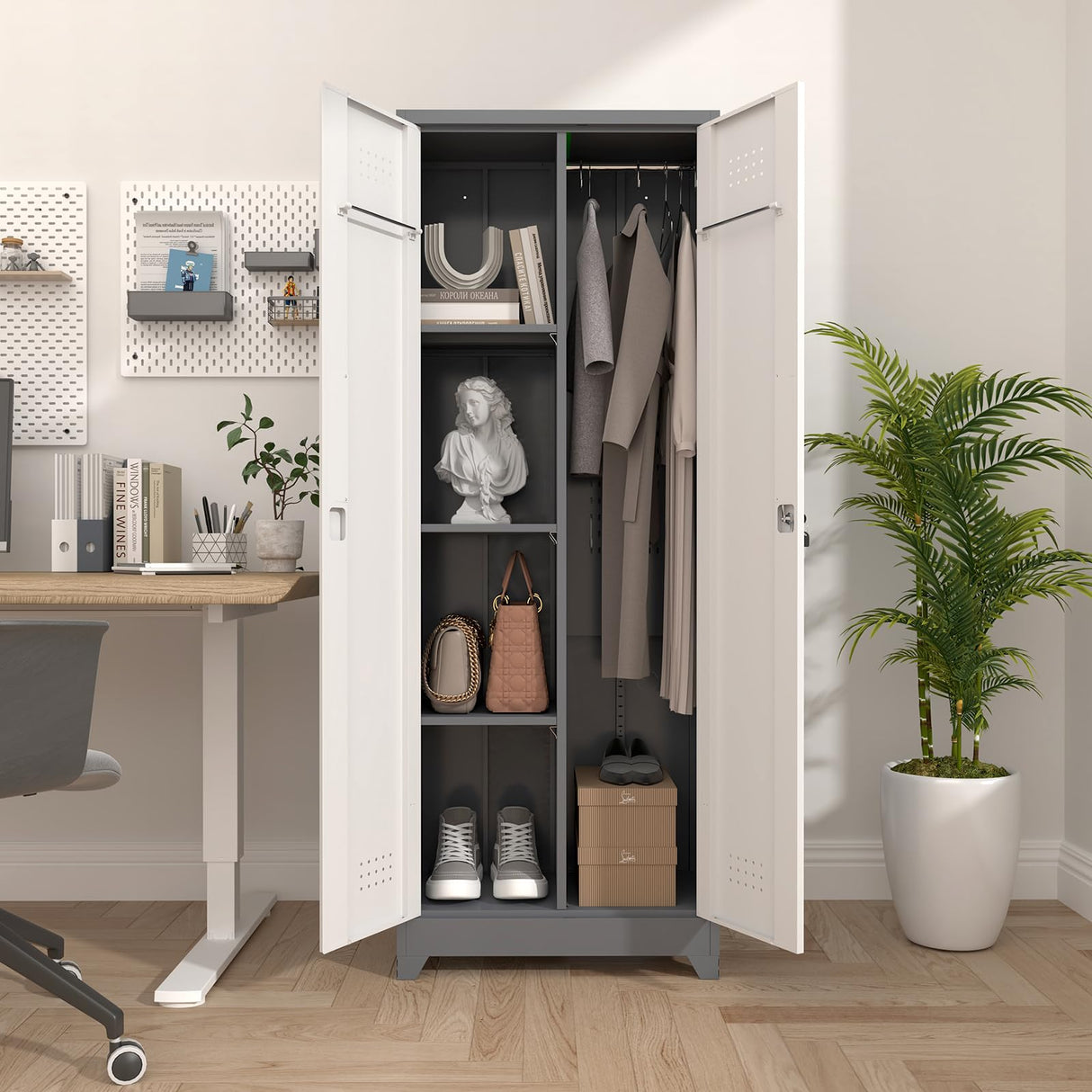 65"H Broom Closet Storage Cabinet, Utility Closet for Brooms and Mops, Cleaning Metal Storage Cabinet with Pegboard and Hanging Rod, Broom Closet with Doors and Adjustable Shelves,Garage,Grey-White SAFEFEVER