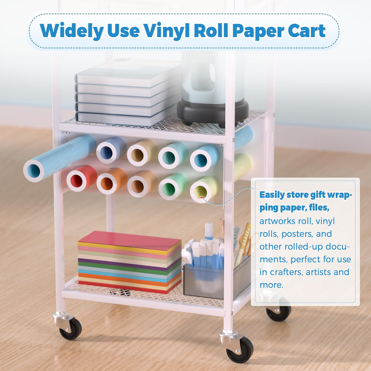 Craft Cart and Organizer Table Compatible with Craft Cutting Machine - Rolling Storage Organizer with Drawer & Vinyl Roll Holder, Crafting Table Workstation Holder for Craft Room Home Office (White) Jolensoy