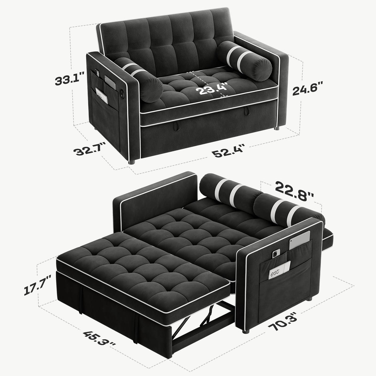 Marsail 3-in-1 Convertible Futon Sleeper Sofa Bed, Pull Out Couch with Adjustable Backrest, USB Charging & Side Pockets, Velvet Fabric Sofa for Living Room, Apartment, Loveseat, Black Marsail
