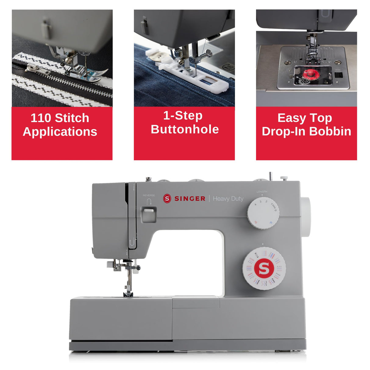 SINGER Heavy Duty 4452 High Speed Sewing Machine With Accessory Kit | Strong Motor with Enhanced Piercing Power, 110 Stitch Applications, Full Metal frame, 1-step Buttonhole & LED Lights SINGER