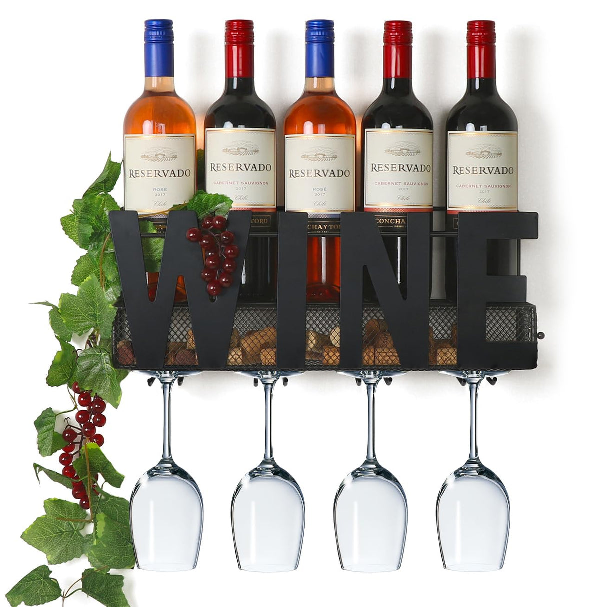 SODUKU Wall Mounted Metal Wine Rack - Wine Rack Wall Mount Wine Bottle Holder 4 Long Stem Glass Holder & Wine Cork Storage Wine SODUKU