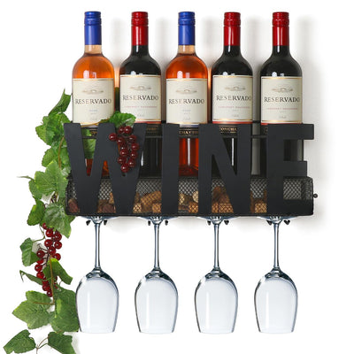 SODUKU Wall Mounted Metal Wine Rack - Wine Rack Wall Mount Wine Bottle Holder 4 Long Stem Glass Holder & Wine Cork Storage Wine