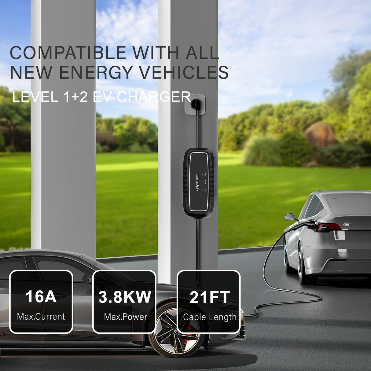 AplysiaTech Level 1+2 EV Charger, 16Amp 110-240V, Portable SAE J1772 Electric Car Charger, Plug-in EV Charging Station for Home,21 Ft Level 2 Charger Cable NEMA 6-20Plug(Tesla Need Adapter) AplysiaTech