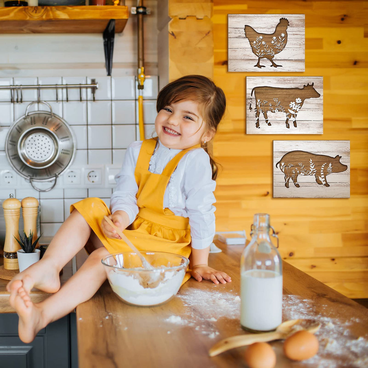 Jetec 3 Pieces Farmhouse Kitchen Signs Cow Rooster and Pig Decors 7.9 x 5.9 Inch Rustic Wooden Signs Country Wall Decorations for Kitchen Wall Decor and Home Decor (Cute Style) Jetec