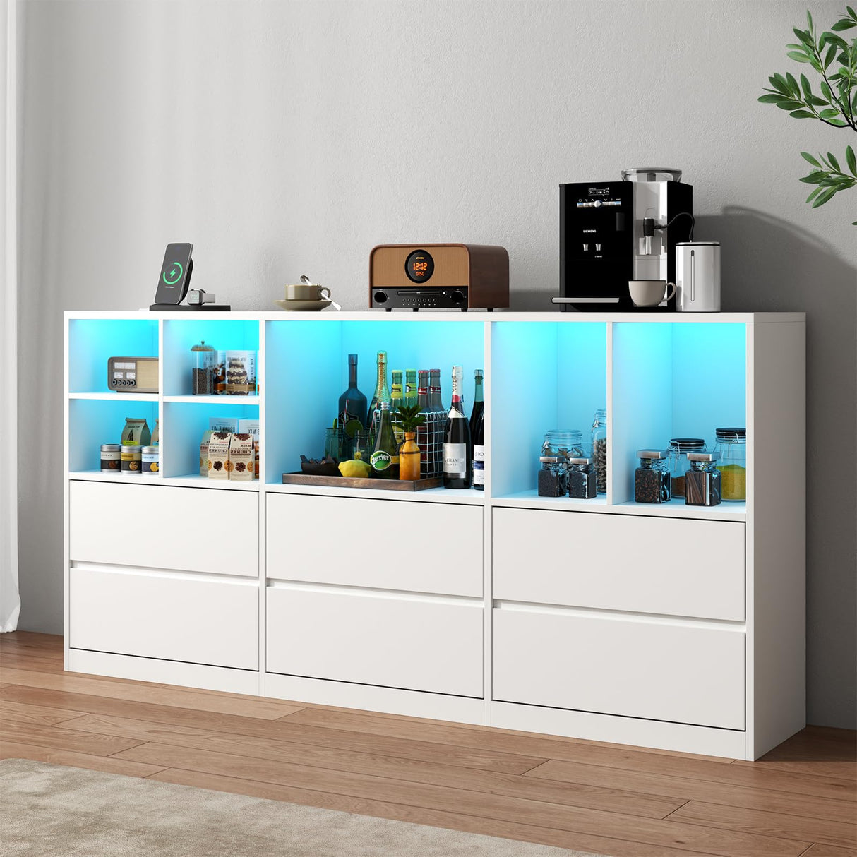 Gyfimoie White Dresser for Bedroom with 6 Drawers, Chest of Drawers with Led Lights&Charging Station, 63" Long Dresser with 7 Open Cubbies, Storage Drawers for Living Room, Closet, Hallway (White) Gyfimoie