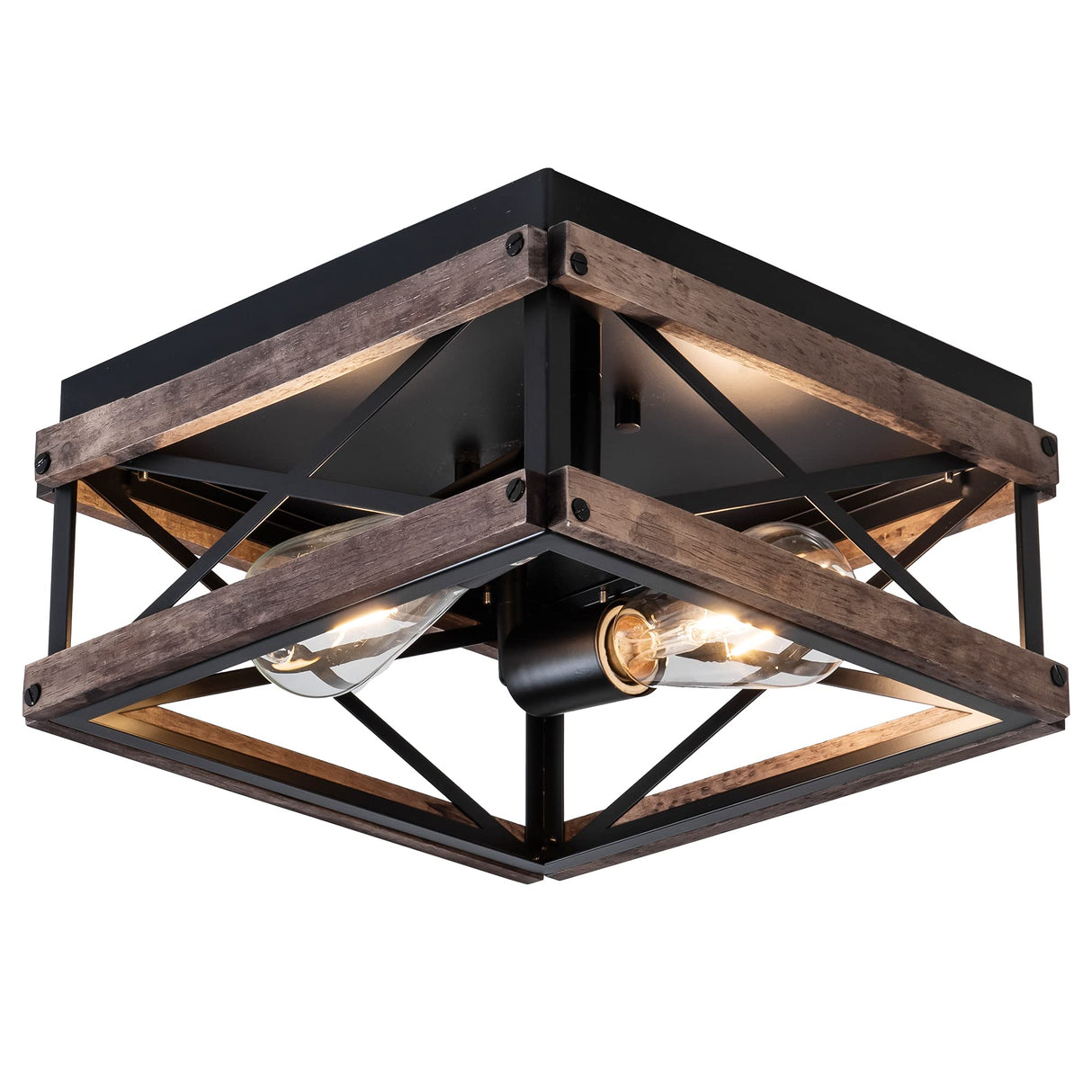 Mayful Flush Mount Light Fixture, 2-Light Rustic Ceiling Light Combine with Metal and Wood Frame, Farmhouse Ceiling Light for Kitchen Hallway Entryway Bedroom Porch Living Room Mayful