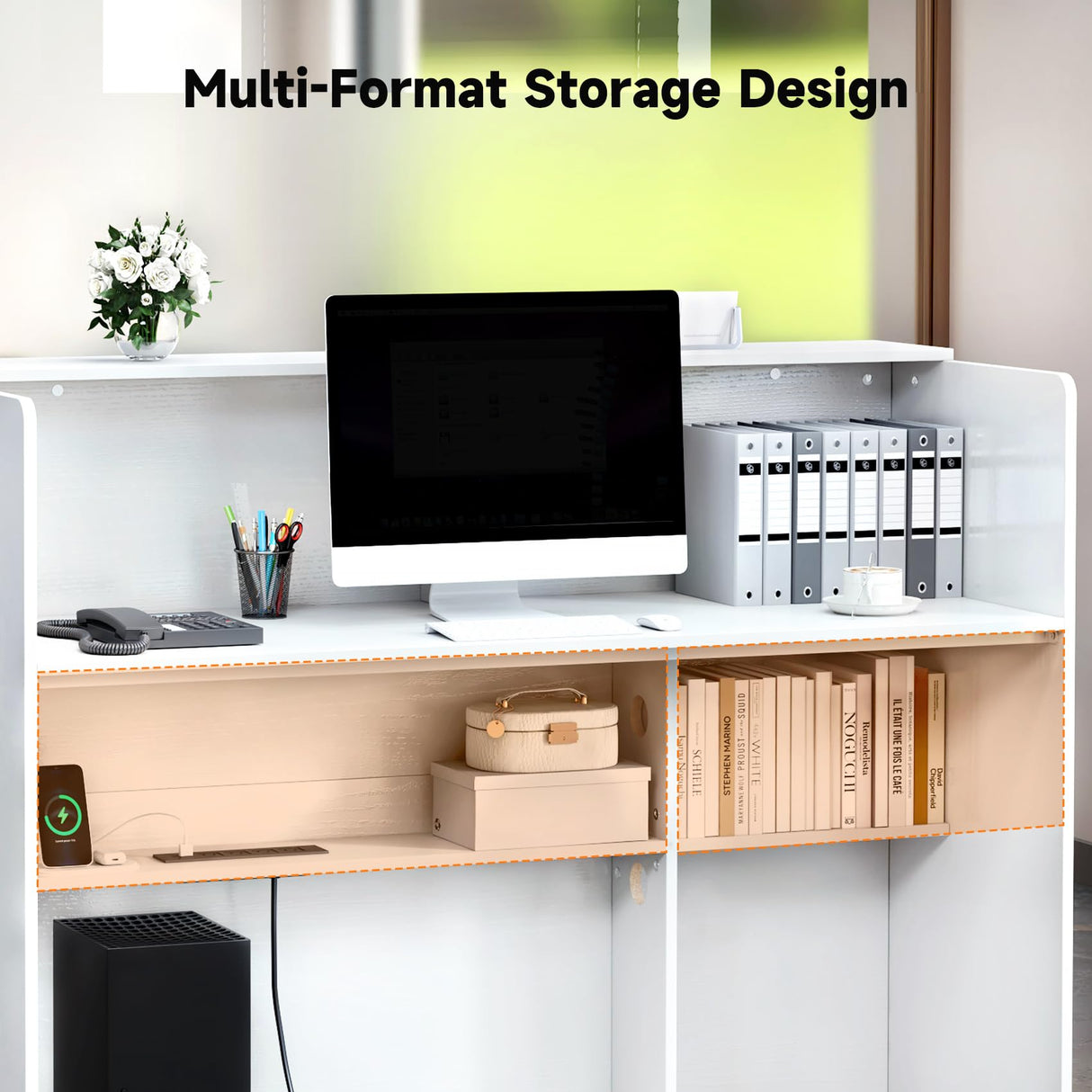 TC-HOMENY Reception Desk with LED Lights, 55'' Retail Counter Modern with Storage Shelves and Cable Grommet, Front Table, Salon Desk, Office Table,White TC-HOMENY