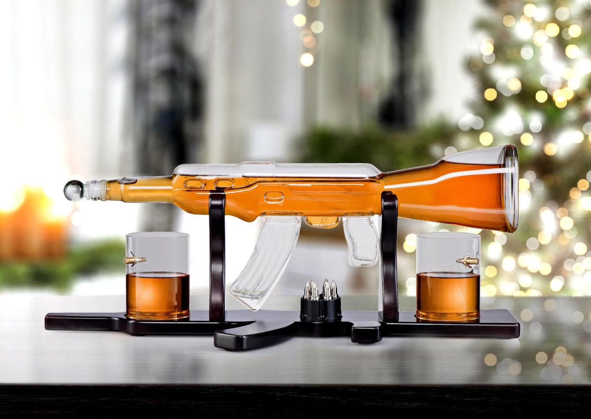 Gun Large Whiskey Decanter Set Bullet Glasses and Bullet Chilling Stones on Rifle Shaped Rich Wood Classic Mahogany Base Tray - Gift Packaging - for Liquor Scotch Bourbon - Gift for Him - By Bezrat Bezrat