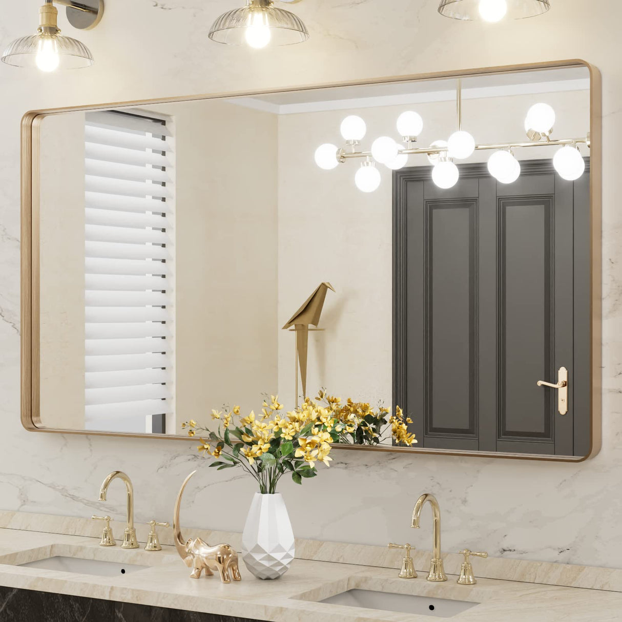 LOAAO 55”X30” Gold Bathroom Mirror, Rounded Rectangle Gold Frame Mirror, Brushed Gold Bathroom Vanity Mirror Wall-Mounted, Anti-Rust, Tempered Glass, Hangs Horizontally or Vertically LOAAO