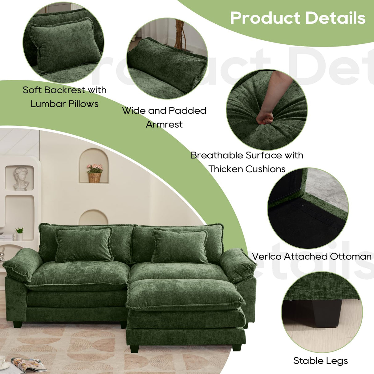 Oprisen 86" Modular Sectional Sofa, Comfy Cloud Couch Sectional Sofa with Ottoman, Chenille Sofa Sleeper Deep Seat Sofa with Throw Pillows for Living Room (Green, 86"- L Shape) Oprisen