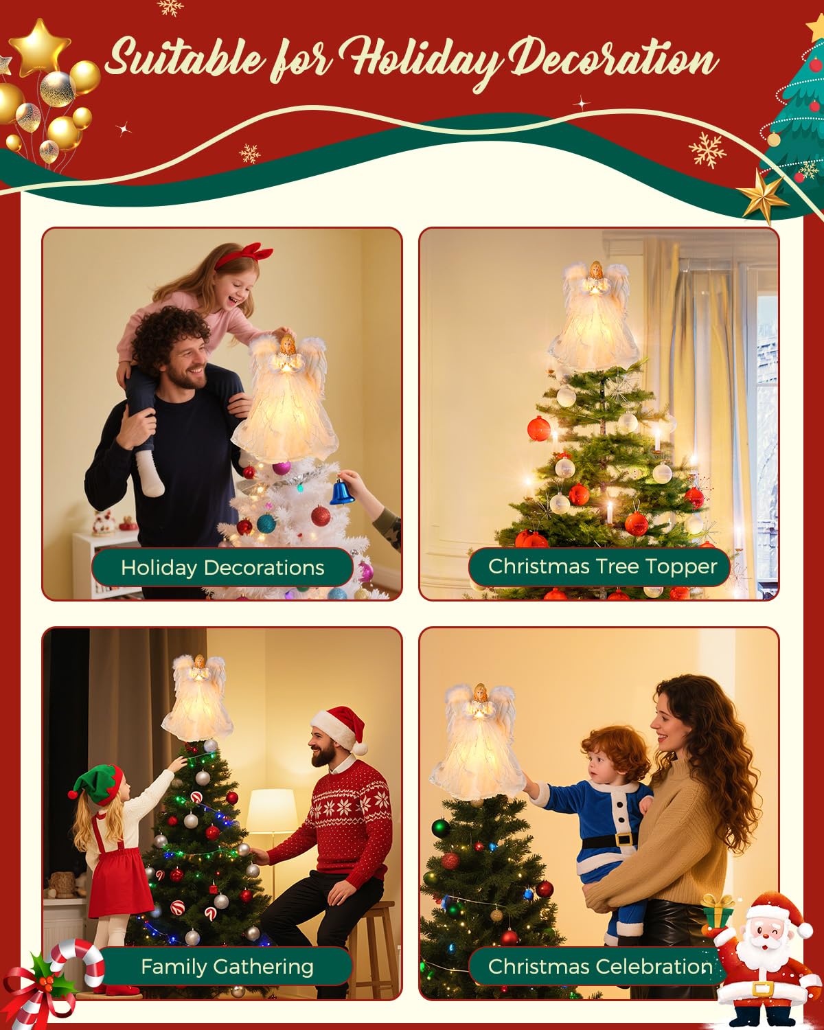 Christmas Tree Topper Angel with Lights, Xmas Tree Toppers Decorations Ornament with White Feather Wings, Plug in Christmas Tree Angel Treetop for Indoor Office Holiday Brightown