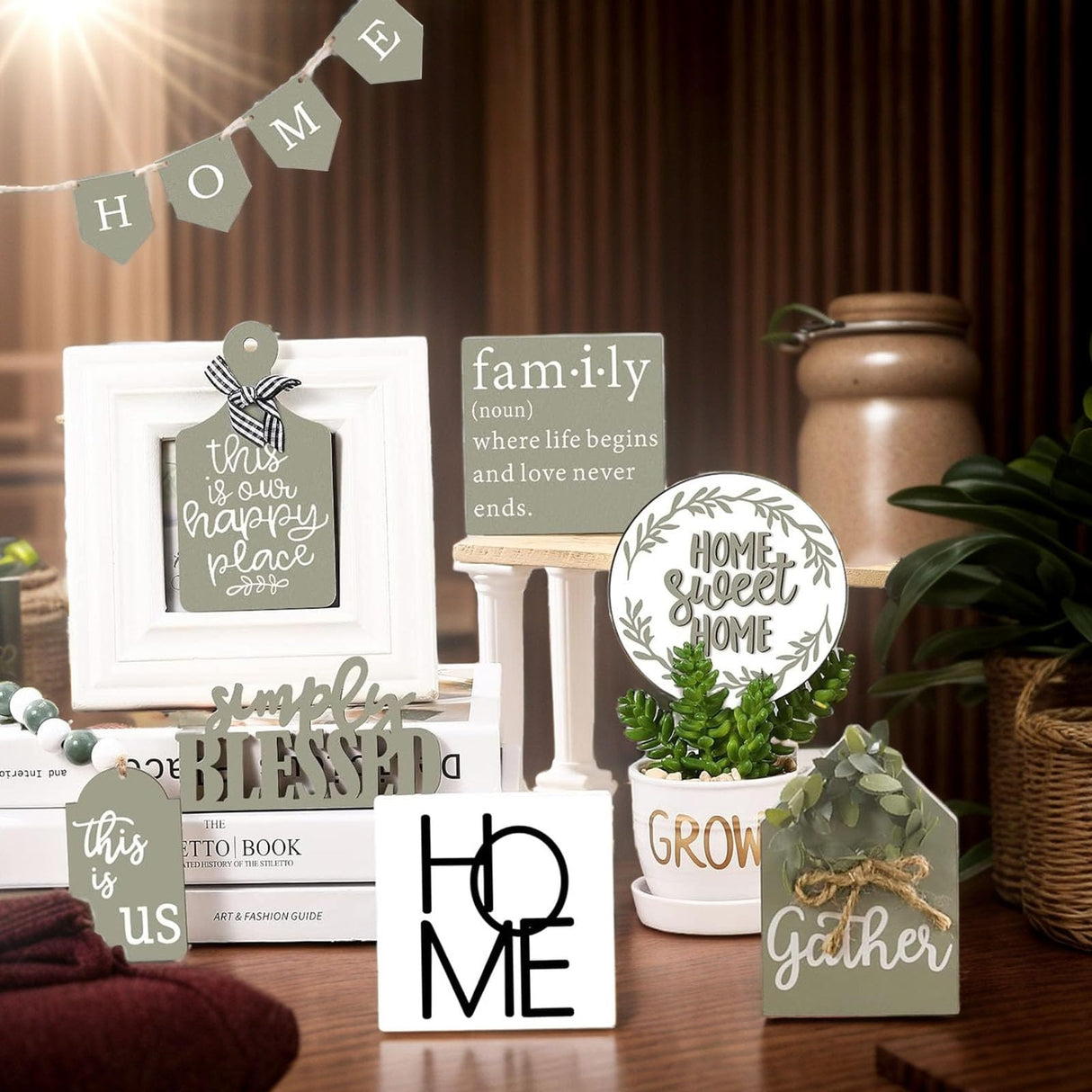 NJXJKGY 11PCS Farmhouse Tiered Tray Decor Set – Rustic Wooden Mini Signs and Decorations for Home and Kitchen Display (Tiered Tray Not Included) NJXJKGY