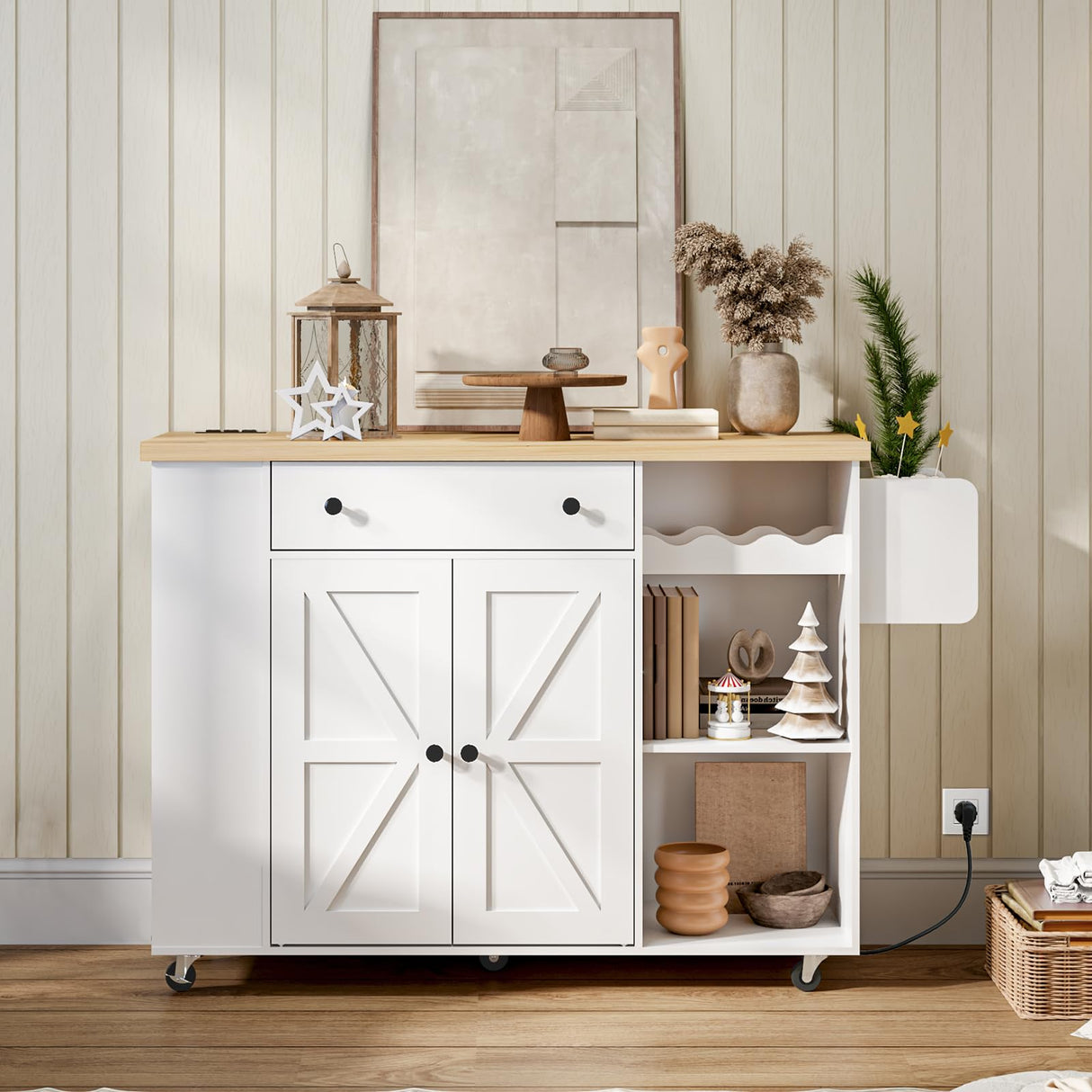 HOOBRO Kitchen Island with Power Outlet, Rolling Kitchen Island on Wheels, White Kitchen Cart with Door Cabinet, Island Table with Storage, Wine Rack and Spice Rack, White and Natural WN16UZD01 HOOBRO