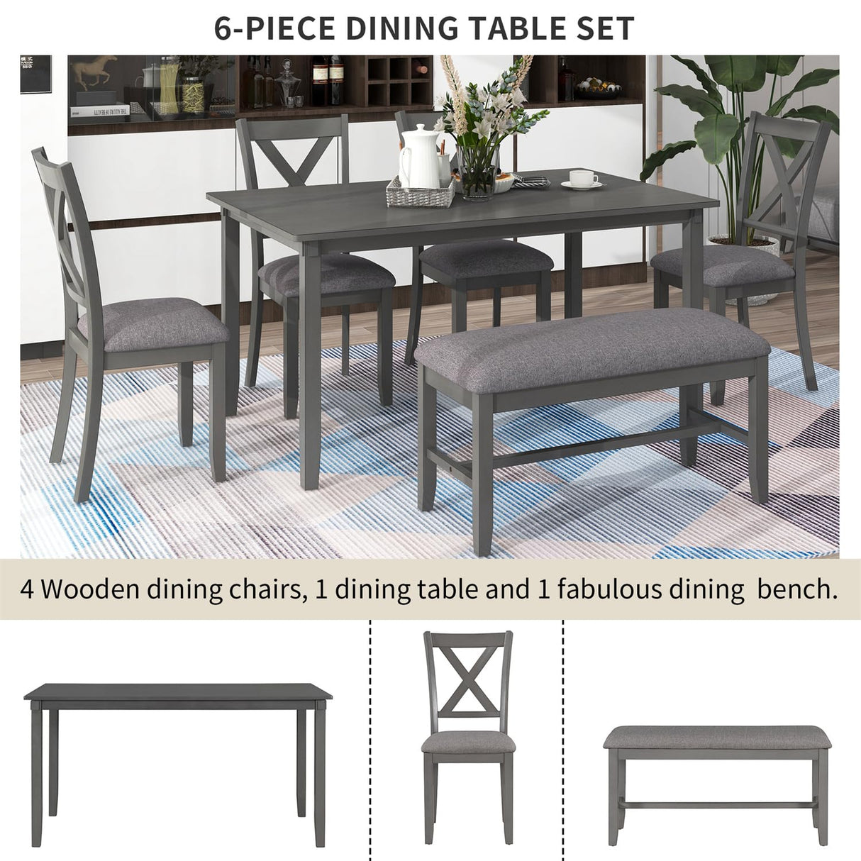 Harper & Bright Designs 6 Piece Wooden Dining Table Set with Upholstered Bench and 4 Dining Chairs, Kitchen Table Set Family Furniture for 6 People (Grey) Harper & Bright Designs