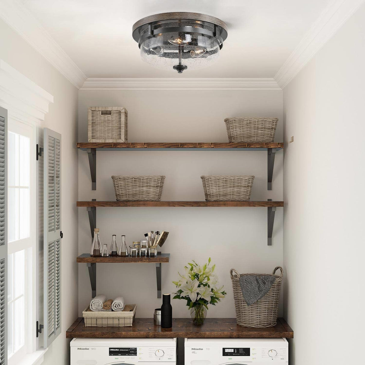 Farmhouse Flush Mount Ceiling Light Fixture with Seeded Glass Shade & Faux Wood Finish for Bedroom, Hallway, Kitchen, Dining & Living Room, Foyer and Bathroom GEPOW