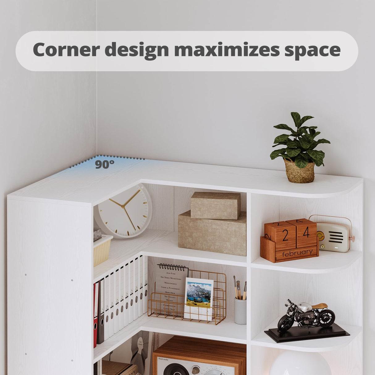 IRONCK Corner Bookshelf and Bookcase with 2 Drawer and 10 Open Shelves, 76.8" Height L Shaped Storage Shelf Corner Combination, for Living Room Home Office, Modern White IRONCK