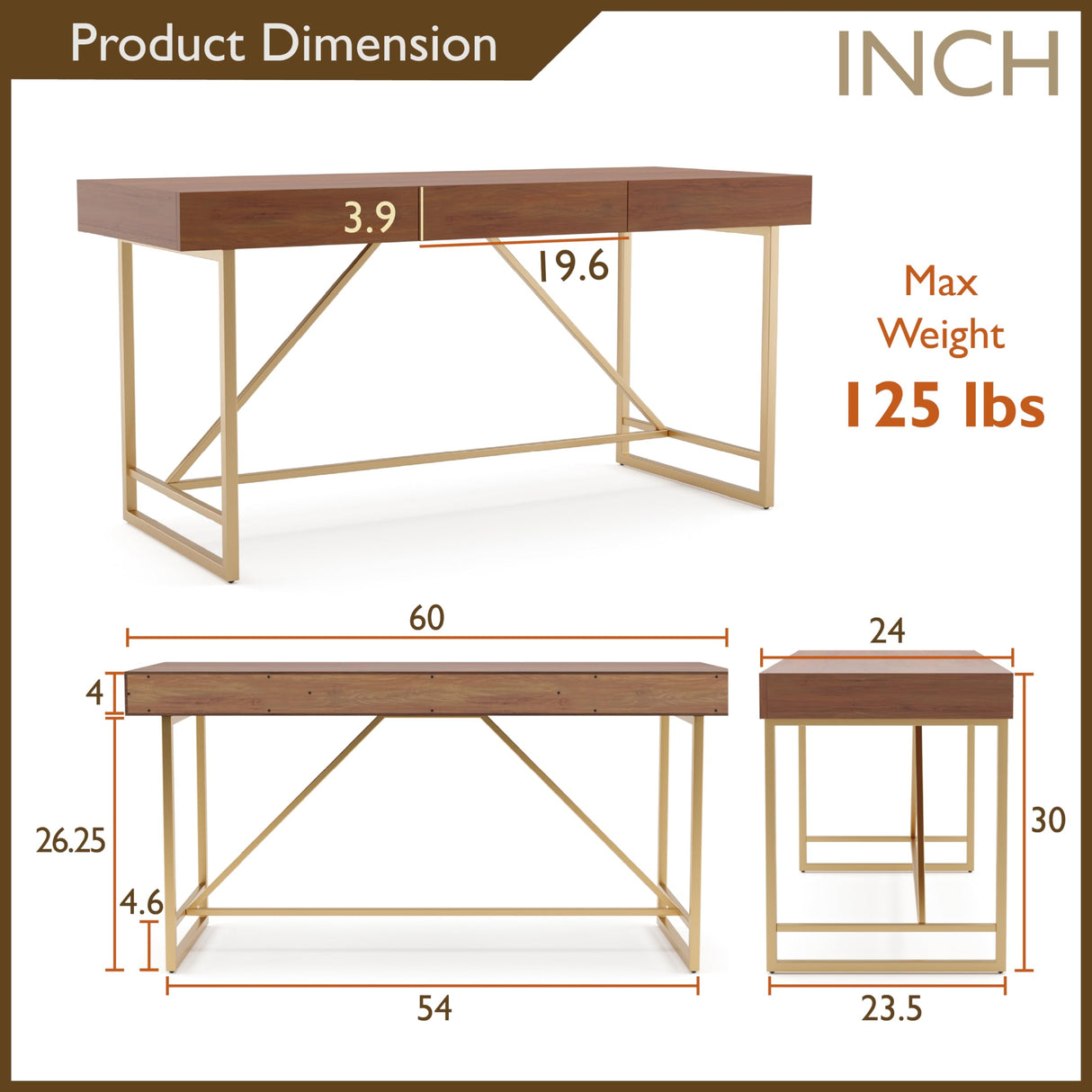 Homes: Inside + Out Lizon Modern 60 Inch Wood Desk With Drawers, Office Table With Storage, Vanity Without Mirror For Bedroom, Study Room, Dorm, Light Walnut Brown & Gold HOMES: INSIDE + OUT