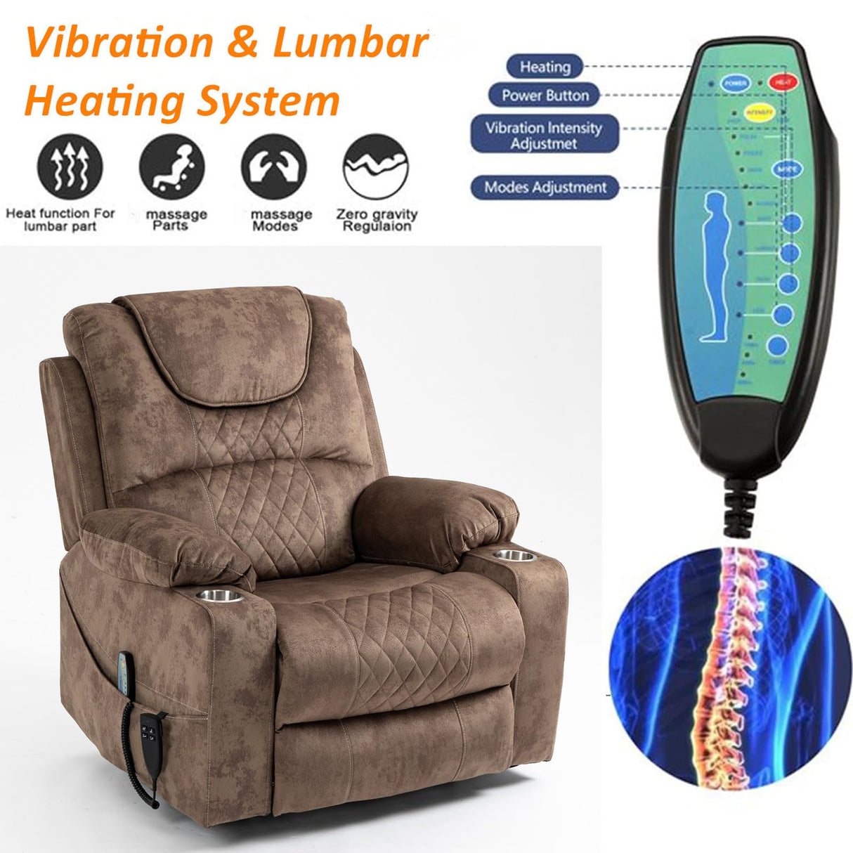 Recliner Lift Chairs for Elderly, 180 Degrees Lay Flat Recliner Chair with Heat and Massage and Cup Holder for Adults 400 lb Capacity (Brown Velvet) LITVZ