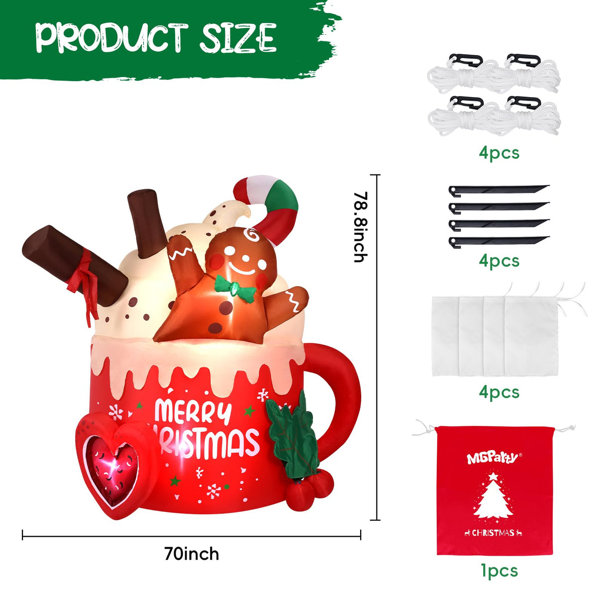 6.5 FT Christmas Inflatables Outdoor Decorations, Gingerbread Christmas Inflatable Hot Cocoa Mug with Built-in LEDs Blow Up Christmas Decoration for Garden Lawn Yard Patio Xmas Inflatable MGparty