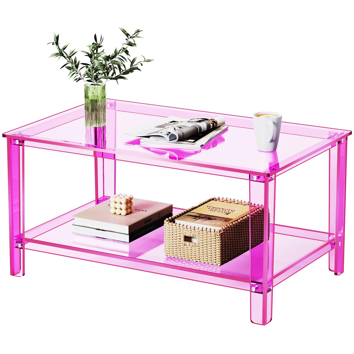 solaround Acrylic Coffee Table with Storage Shelf,Rectangle Living Room 2-Tier Center Table for Small Spaces (Rectangle, Pink, Nomal) solaround