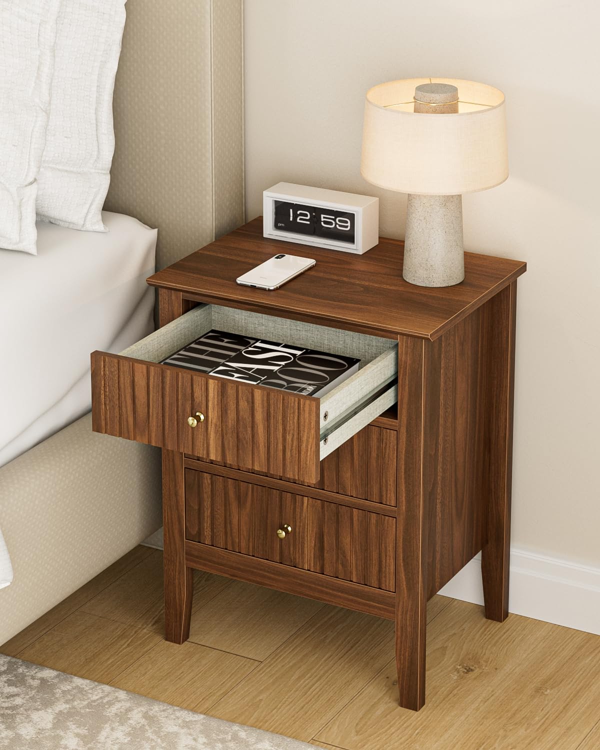 Apetaccat Night Stand, Fluted Nightstand Bedside Tall Farmhouse Nightstand with 3 Drawers, Mid Century Modern Side Accent Table,Bedside End Table for Bedroom, Living Room, Walnut Apetaccat