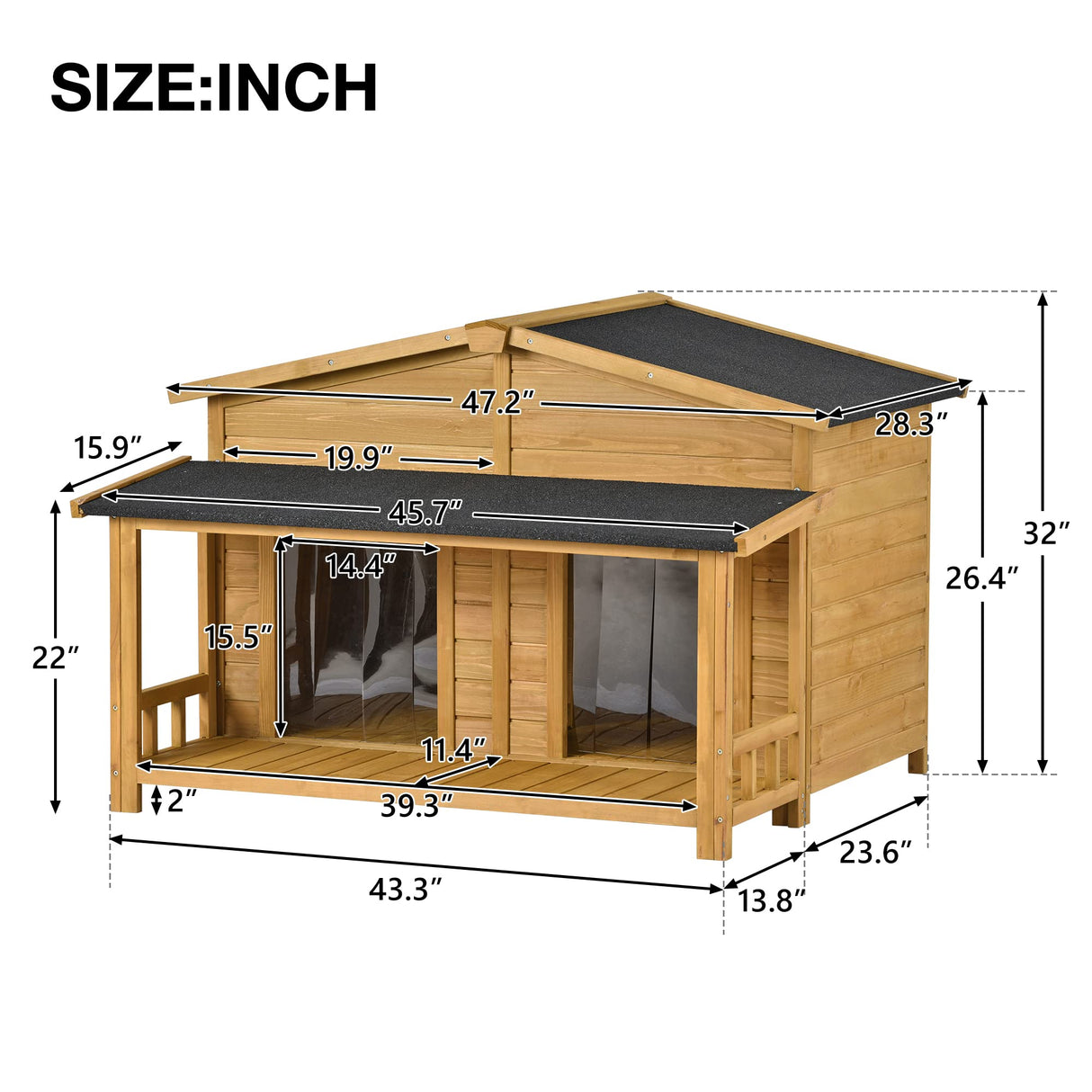 LUSPAZ 47.2 Inch Large Wooden Dog House Outdoor, Outdoor and Indoor Dog Crate, Cabin Style, with 2 Doors Porch, Wood LUSPAZ