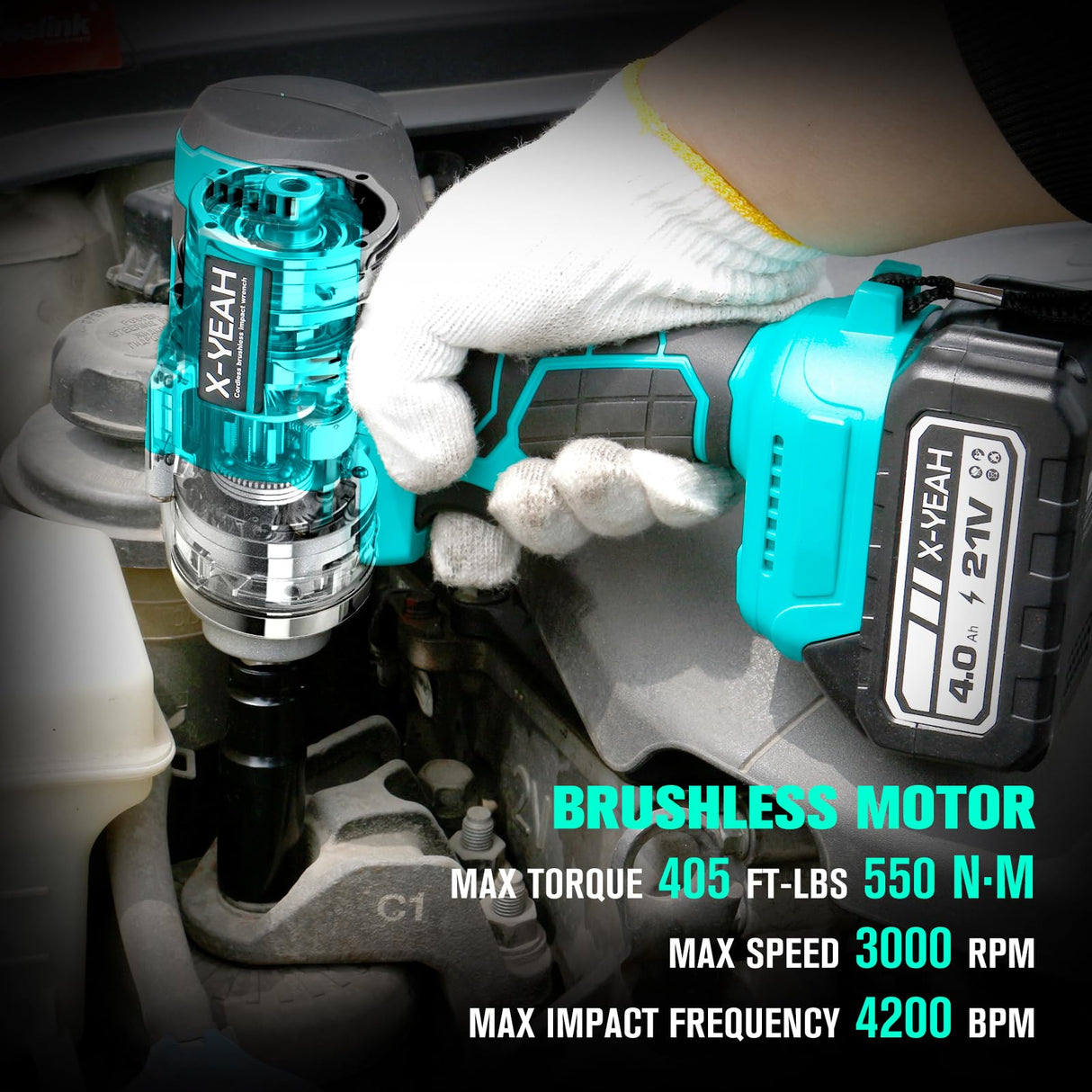 X-YEAH Cordless Impact Wrench - 1/2" Brushless Impact Gun, Max Torque 406 Ft-lbs(550N.m), with 21V 4.0Ah Li-ion Battery & Charger Kit in Case - Powerful and Portable X-YEAH