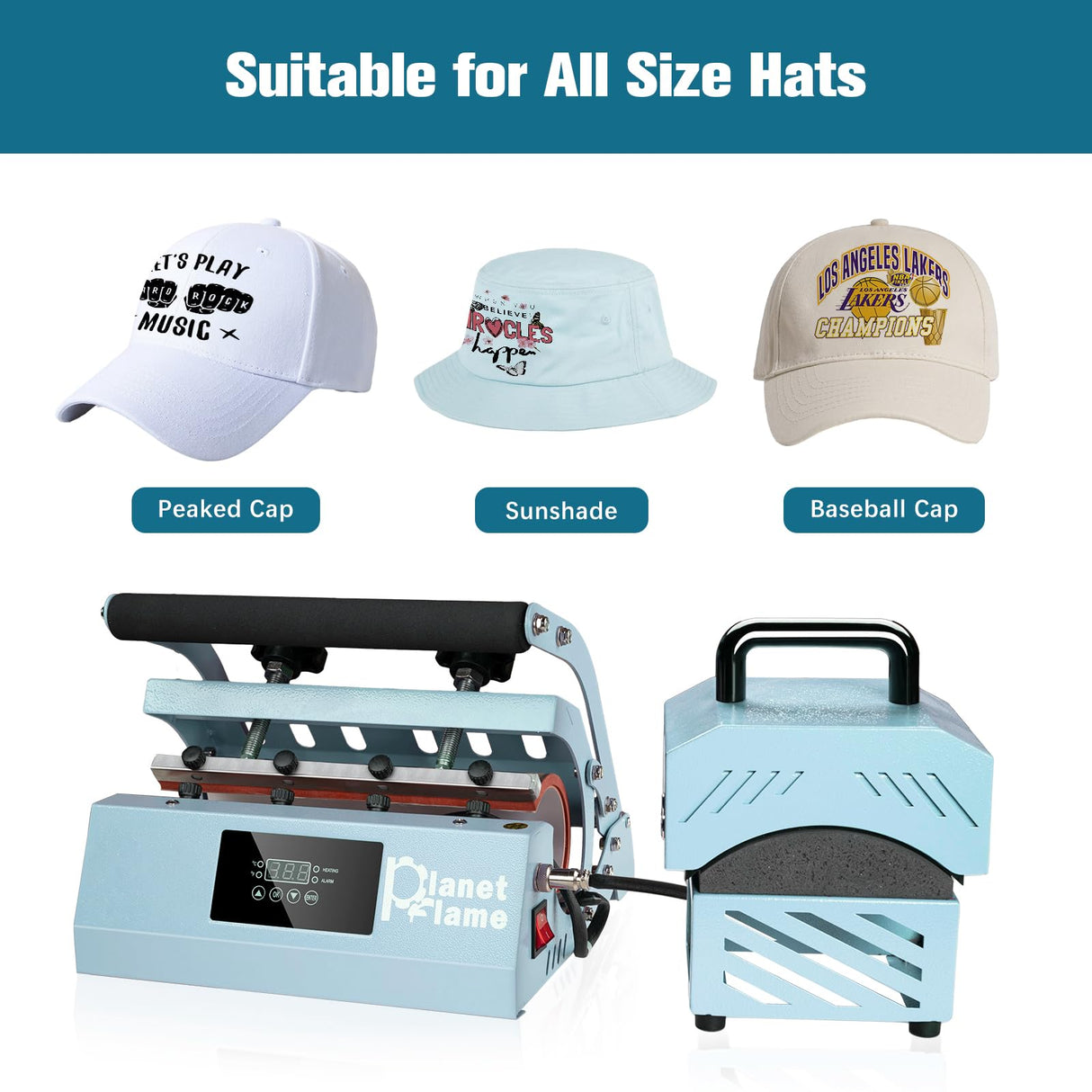 PlanetFlame Tumbler and Hat Heat Press Machine, 2-in-1 Combo Machine for Cup and Cap with Gloves and High Temp Heat Resistant Tape for 11oz-30oz Sublimation Tumbler and All Caps, Blue PlanetFlame
