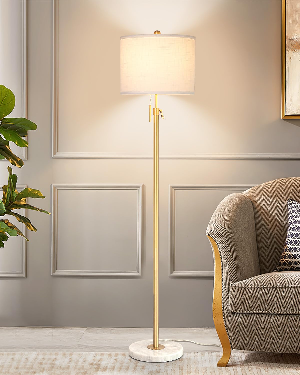 Modern Floor Lamp for Living Room, Adjustable Height Standing Lamp with Marble Base, 3-Way Dimmable Gold Brass Tall Pole Light with White Linen Shade for Reading, Bedroom, Chain Switch, Bulb Included Qingmiao