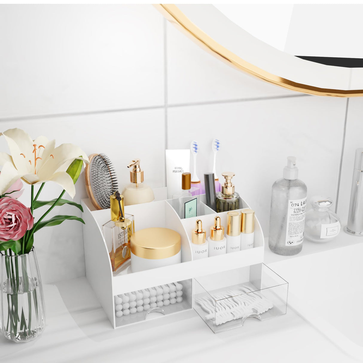 Makeup Organizer with Drawers, Cosmetic Storage for Dresser Vanity and Bathroom Countertop, Beauty Holder for Lipstick Brush, Skincare Organizer for Vanity, Cosmetic Display Case (White) COMFYROOM
