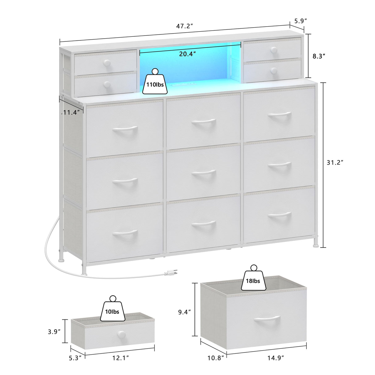 Welfuturer White Dressers for Bedroom with Power Outlets and LED Lights 13 Drawers Dresser Faux Leather Fabric Chest of Drawers for Bedroom Living Room Hallway Entryway Closets Sturdy Frame Wood Top Welfuturer