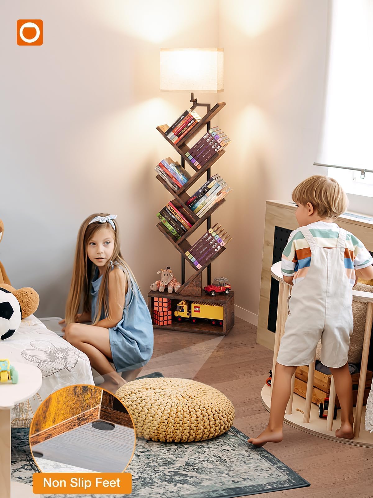 addlon 6-Tier Tree Book Shelf with LED Light, Steel&Wood Bookshelf with Storage Cabinet, Narrow Tall Bookcase with 3CCT Bulb, Small Bookshelf for Bedroom, Home Office&Living Room-Rustic Brown addlon