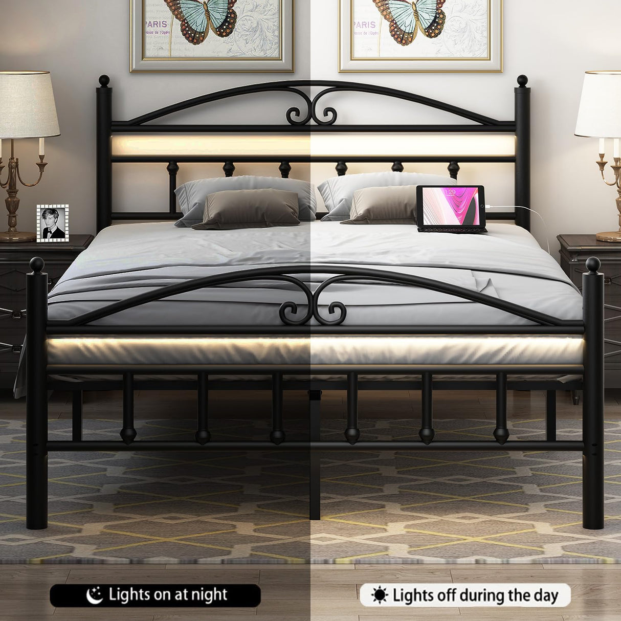 Samurbex Full Size Bed Frame with Charging Station,Black Metal Platform Bed Frame with LED Lights,Heavy Duty Metal Steel Slats Support,No Box Spring Needed,Noise Free,Easy to Assemble Samurbex